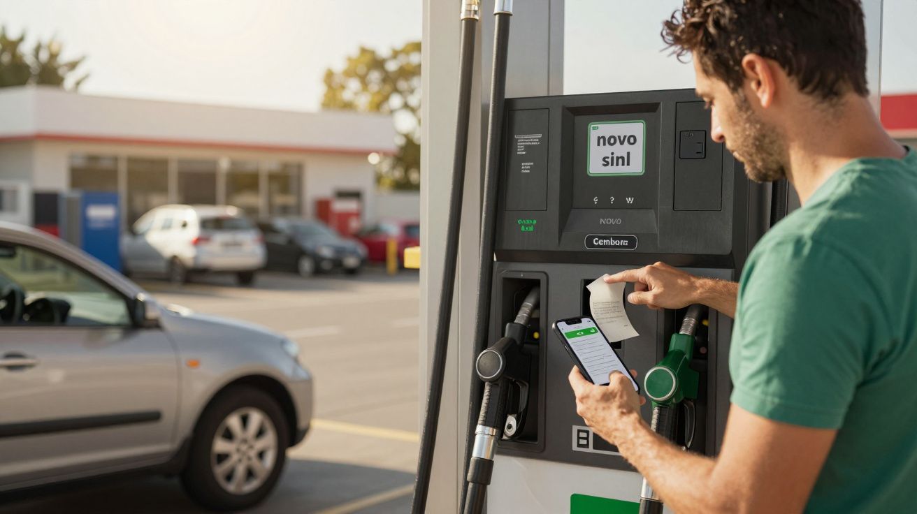 Homem a usar aplicação móvel num posto de combustível, segurando um recibo ao lado de um carro prateado estacionado.