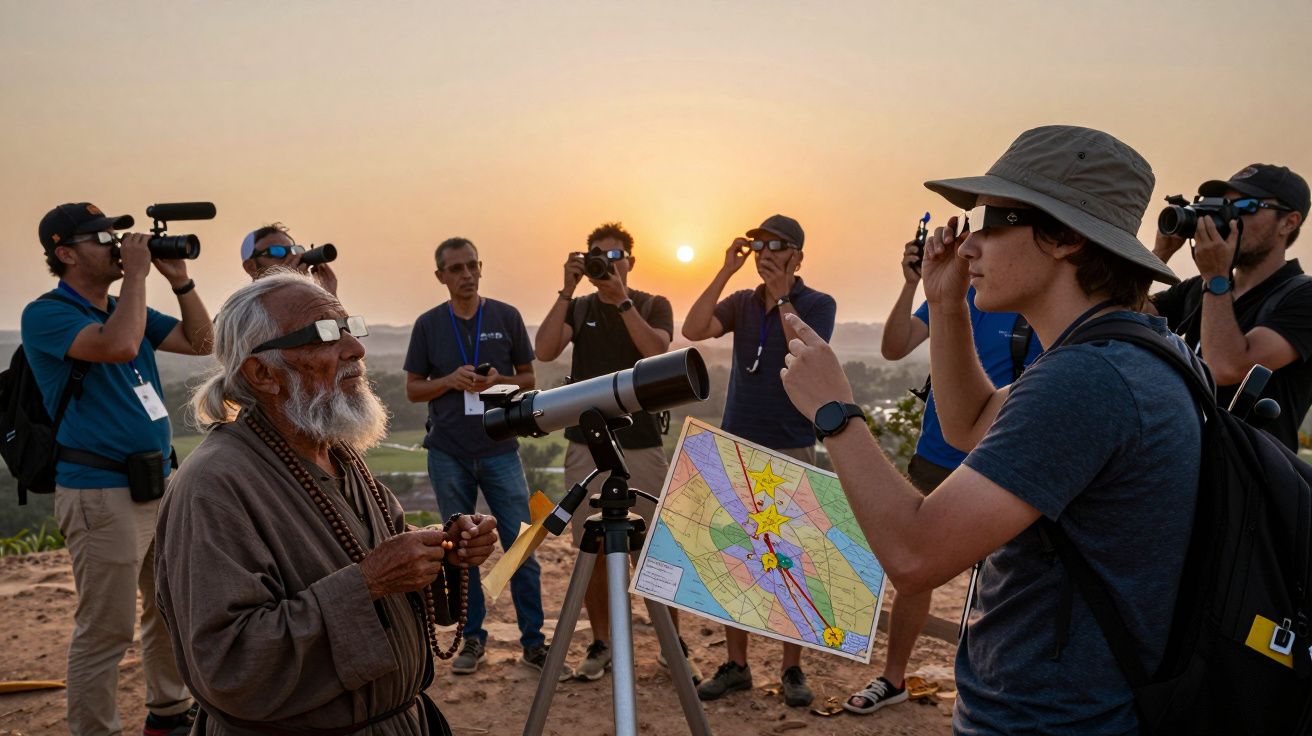 Grupo de pessoas observa o pôr do sol com telescópios e mapas em mãos, num ambiente ao ar livre.
