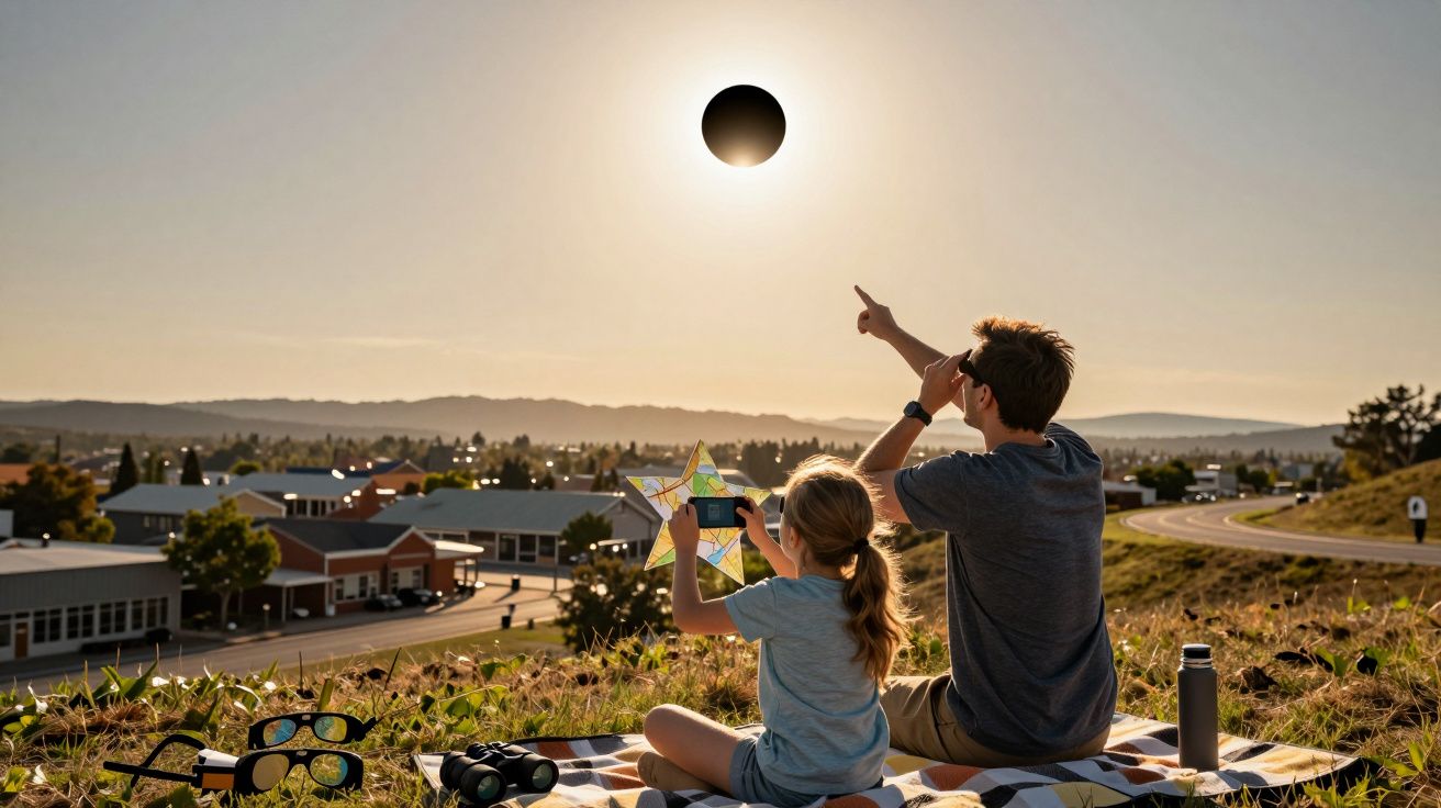 Pai e filha observam um eclipse solar sentados numa colina com vista para a cidade.