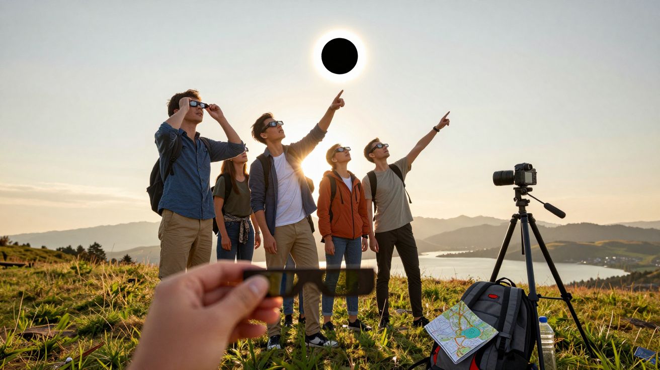 Grupo de pessoas observa eclipse solar usando óculos especiais; câmara e mochila no chão.
