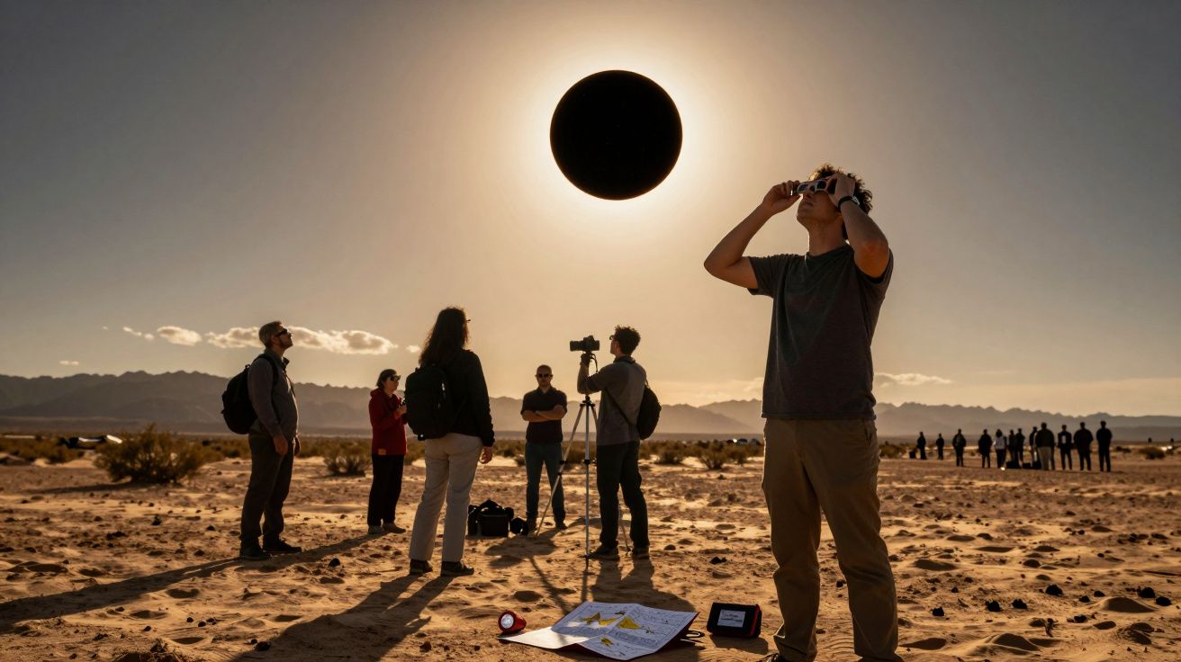 Pessoas observam eclipse solar no deserto, usando óculos de proteção e câmaras, em cenário de montanhas ao fundo.