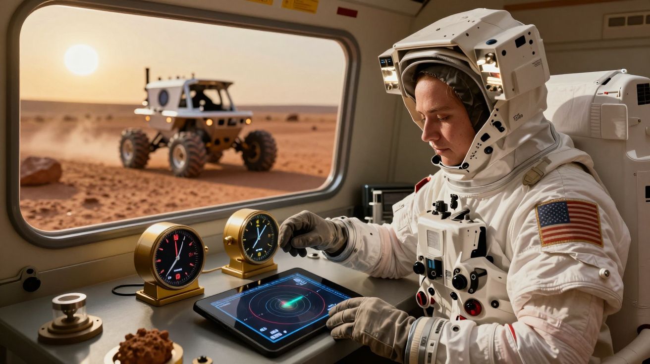 Astronauta opera tablet numa estação espacial em Marte, com rover visível pela janela e instrumentos no balcão.