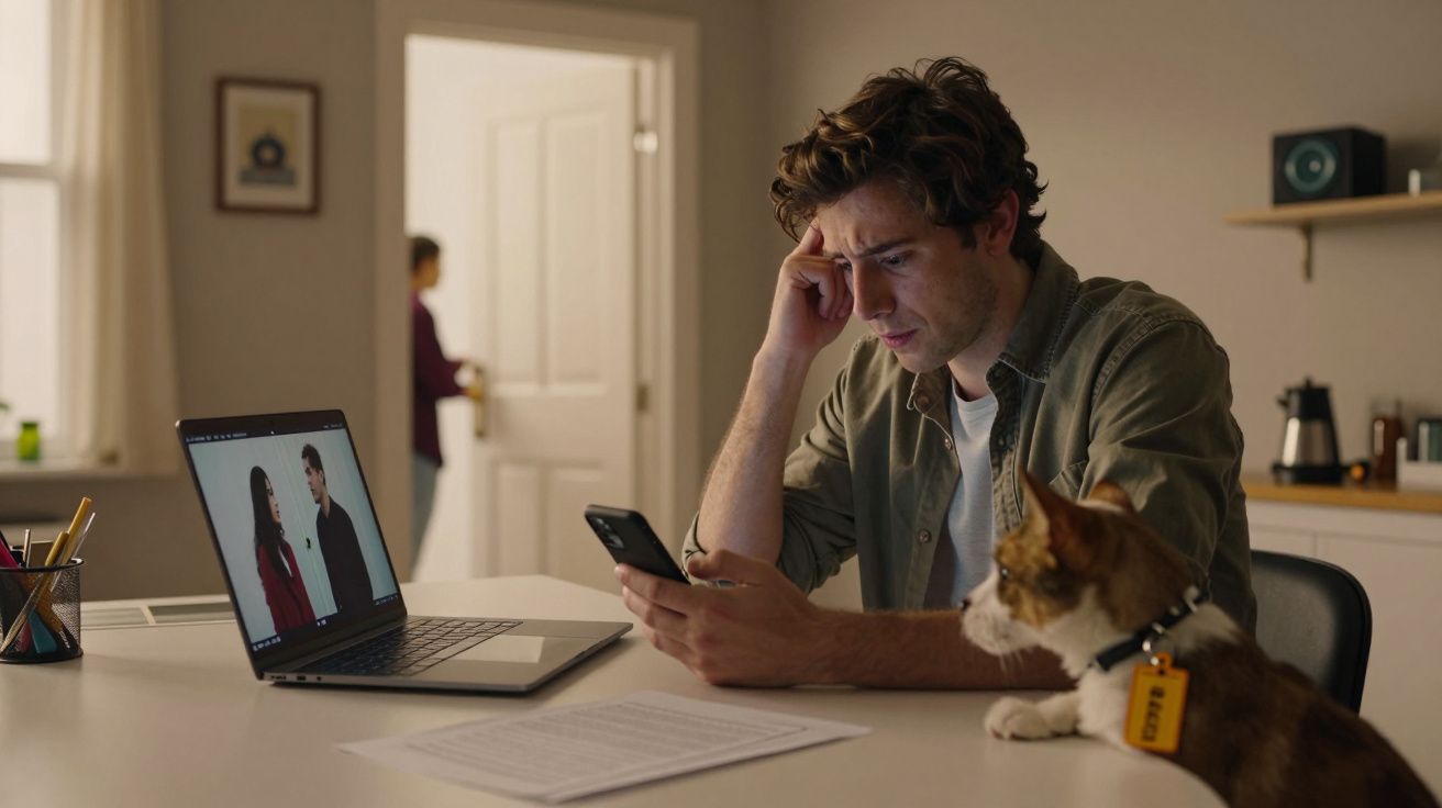Homem sentado à mesa com computador e telemóvel, olhando preocupado, cão ao lado e porta aberta ao fundo.