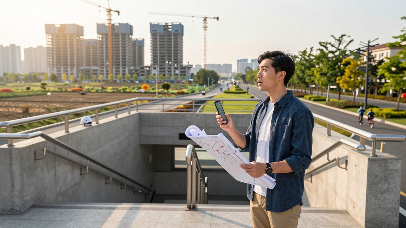 Homem ao ar livre segura mapa e telemóvel, com prédios e guindastes ao fundo, em zona urbana em desenvolvimento.