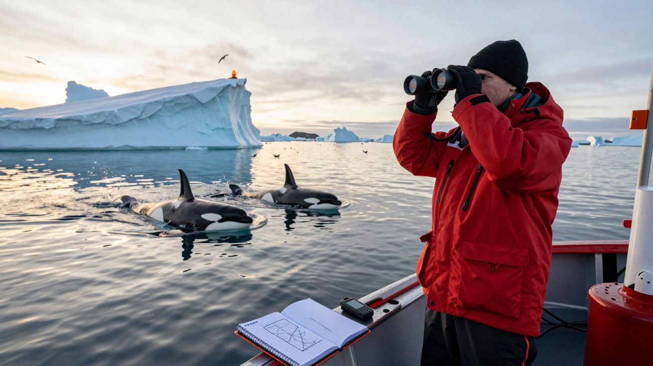 Investigador observa orcas no oceano gelado, perto de um iceberg, com binóculos a partir de um barco. Bloco de notas ao lado.