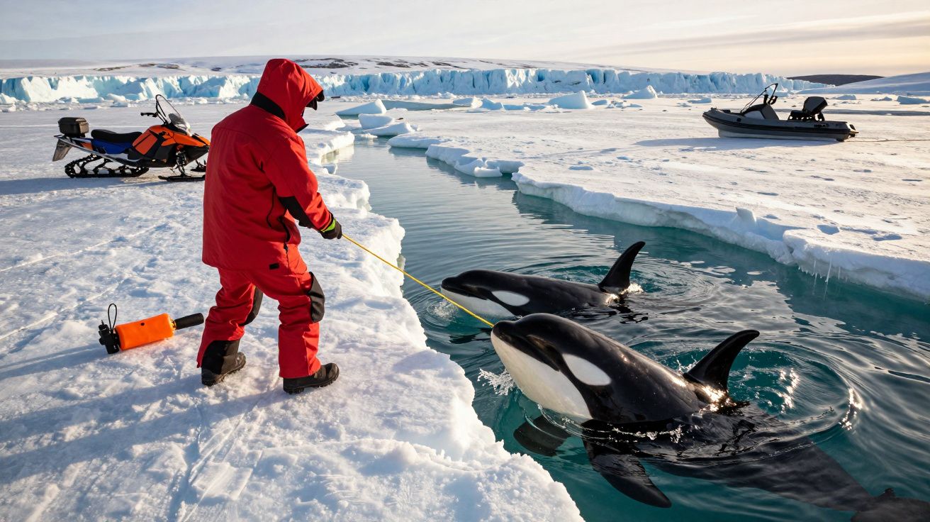 Pessoa de fato vermelho interage com orcas em água gelada, com motoneve e barco ao fundo em paisagem ártica.