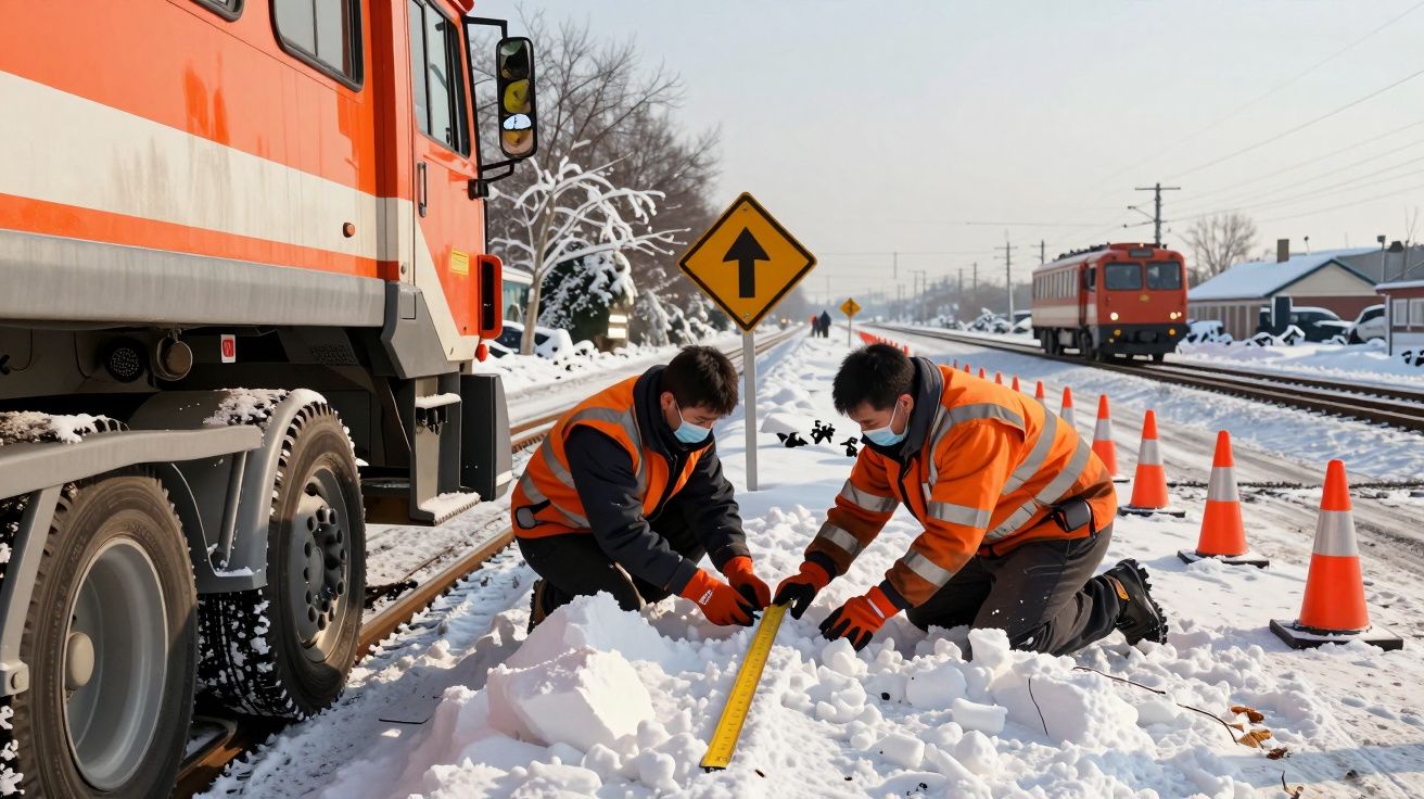 Operários com coletes refletores laranja medem a neve junto a uma estrada de ferro, com cones e veículos ao fundo.