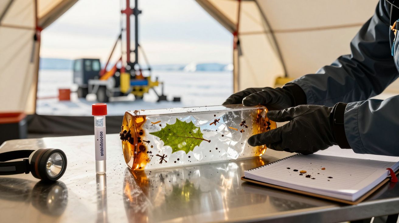 Pessoa com luvas analisa amostra de gelo com folha e insetos, numa mesa com lanterna e caderno. Equipamento ao fundo.
