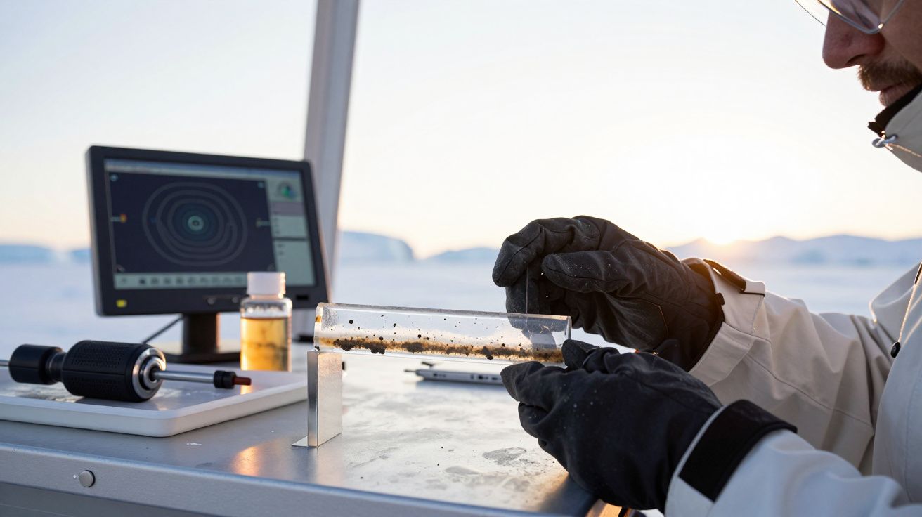 Cientista analisa amostra de solo em tubo de ensaio num laboratório num ambiente gelado, com computador ao fundo.