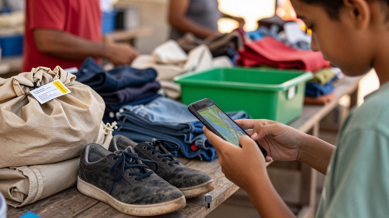 Jovem usando um telemóvel em frente a uma mesa com roupas e sapatos em um mercado ao ar livre.