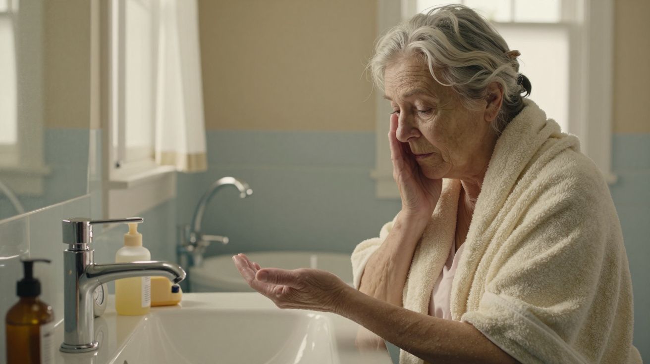 Senhora idosa em roupão aplica creme no rosto em frente ao lavatório de casa de banho.