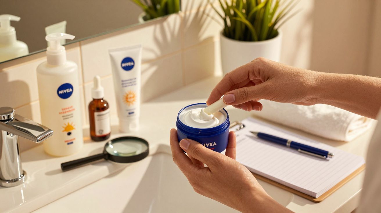 Mãos segurando um pote de creme Nivea azul, com produtos de beleza ao fundo numa casa de banho.