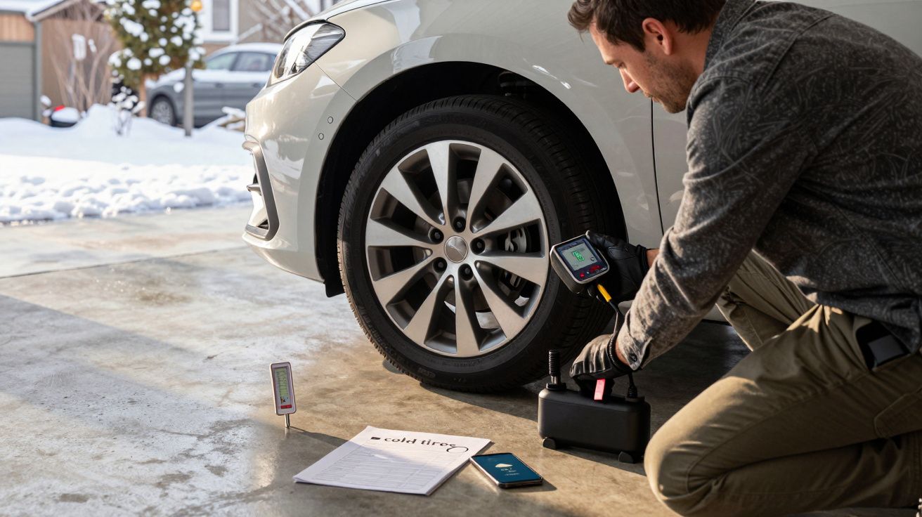 Homem verifica pressão de um pneu de carro numa garagem, rodeado de neve, usando um medidor digital portátil.