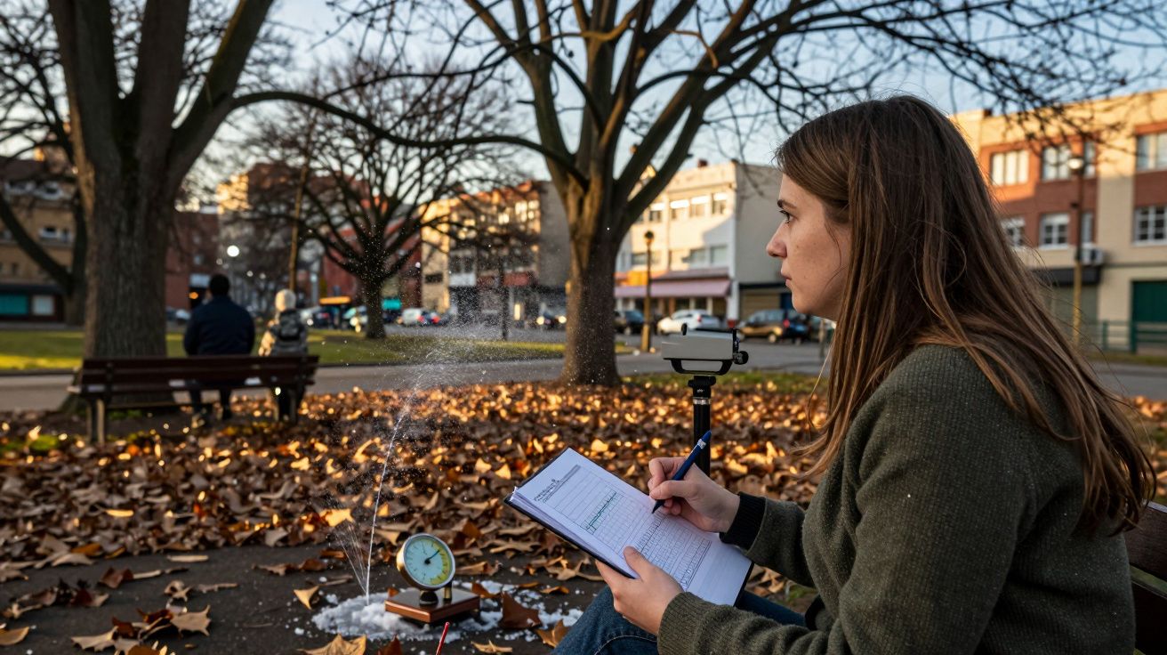 Mulher sentada num banco de parque com caderno e caneta, folhas caídas e medidor de pressão de água ao lado.