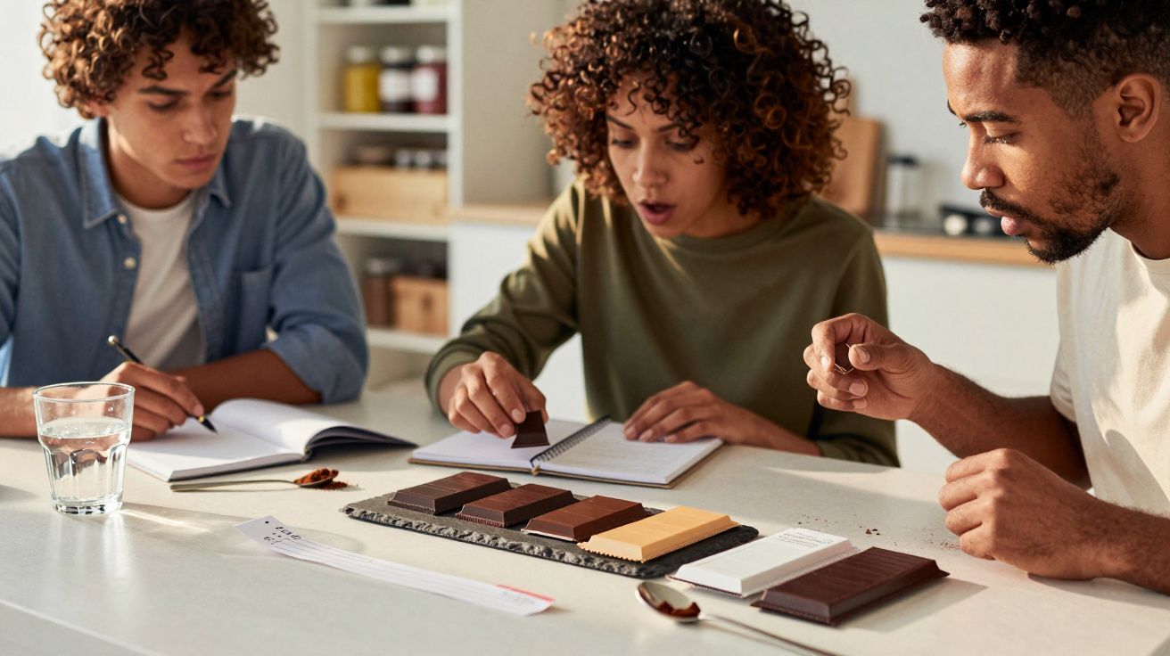 Três pessoas provam diferentes tipos de chocolate numa cozinha, tirando notas em cadernos.