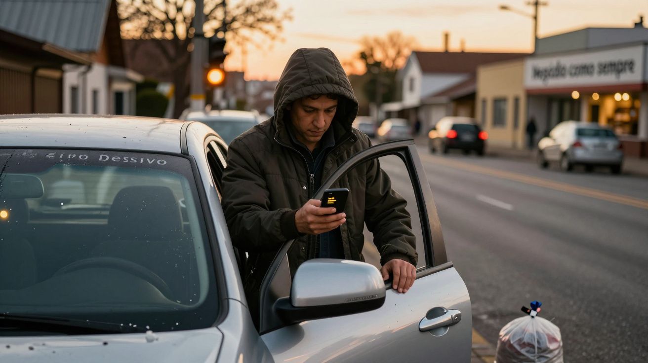 Homem com capuz ao lado de carro, olha para o telemóvel em rua urbana ao entardecer.