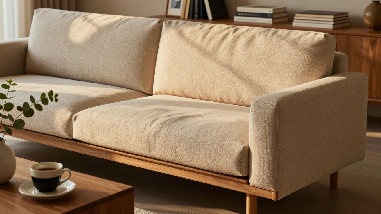 Sofá bege numa sala com luz natural, mesa de madeira e chávena sobre um pires à frente.