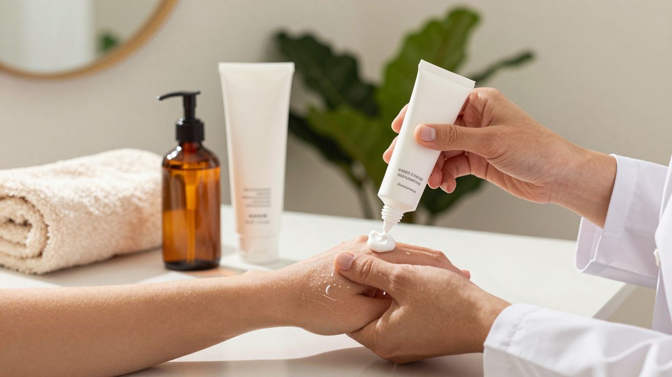 Pessoa aplicando creme nas mãos sobre uma mesa com toalha, embalagem âmbar e planta ao fundo.