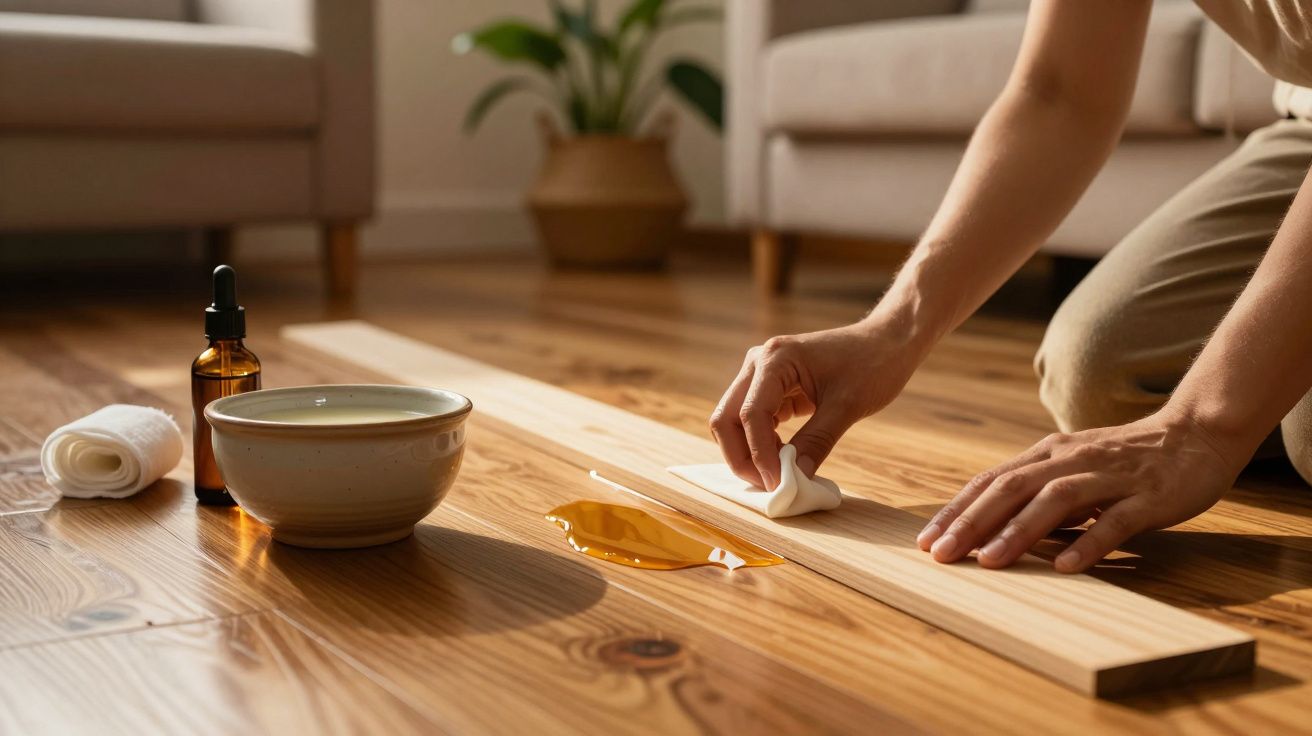 Pessoa a limpar madeira clara com pano, tigela ao lado, numa sala com chão de madeira clara.