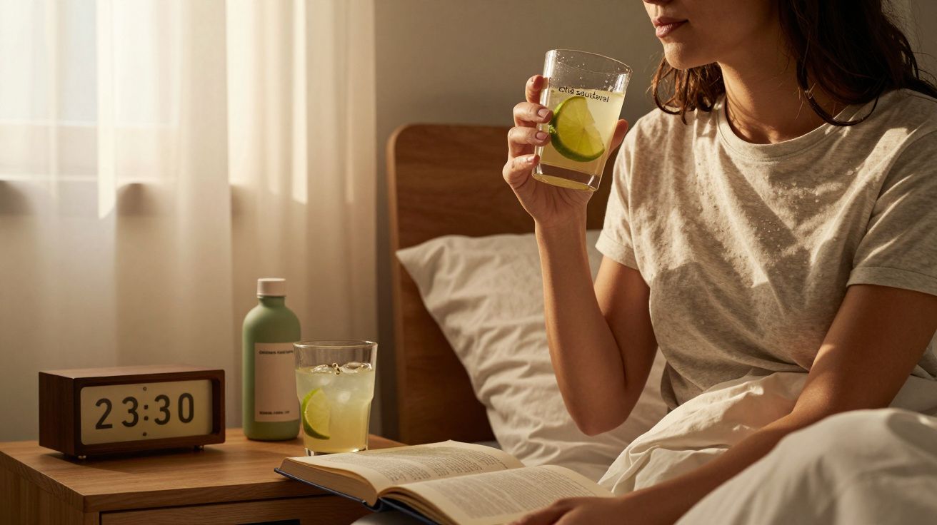Mulher na cama a beber água com limão, livro aberto e relógio a marcar 23:30 na mesa de cabeceira.