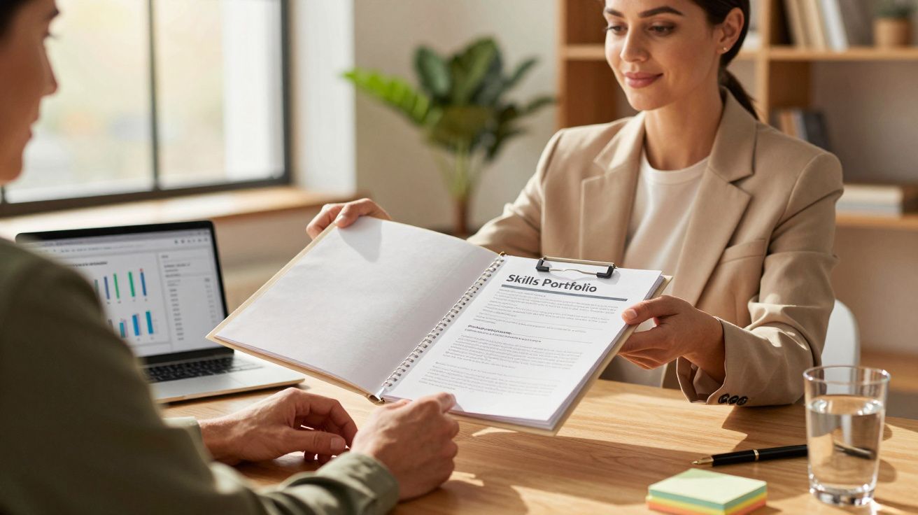 Mulher apresenta portefólio de competências a um homem numa reunião, com portáteis e caderno sobre a mesa.