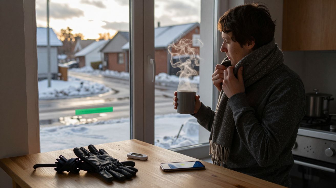 Homem com cachecol, segurando uma caneca de bebida quente, olha para fora da janela enquanto neve cobre a rua.