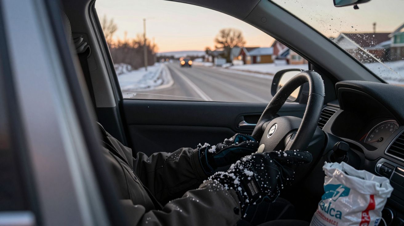 Pessoa a conduzir carro numa estrada nevada ao entardecer, com casas ao fundo.