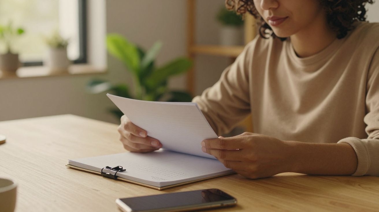 Mulher sentada à mesa, segurando papéis. Smartphone sobre a mesa. Fundo com plantas e janela.