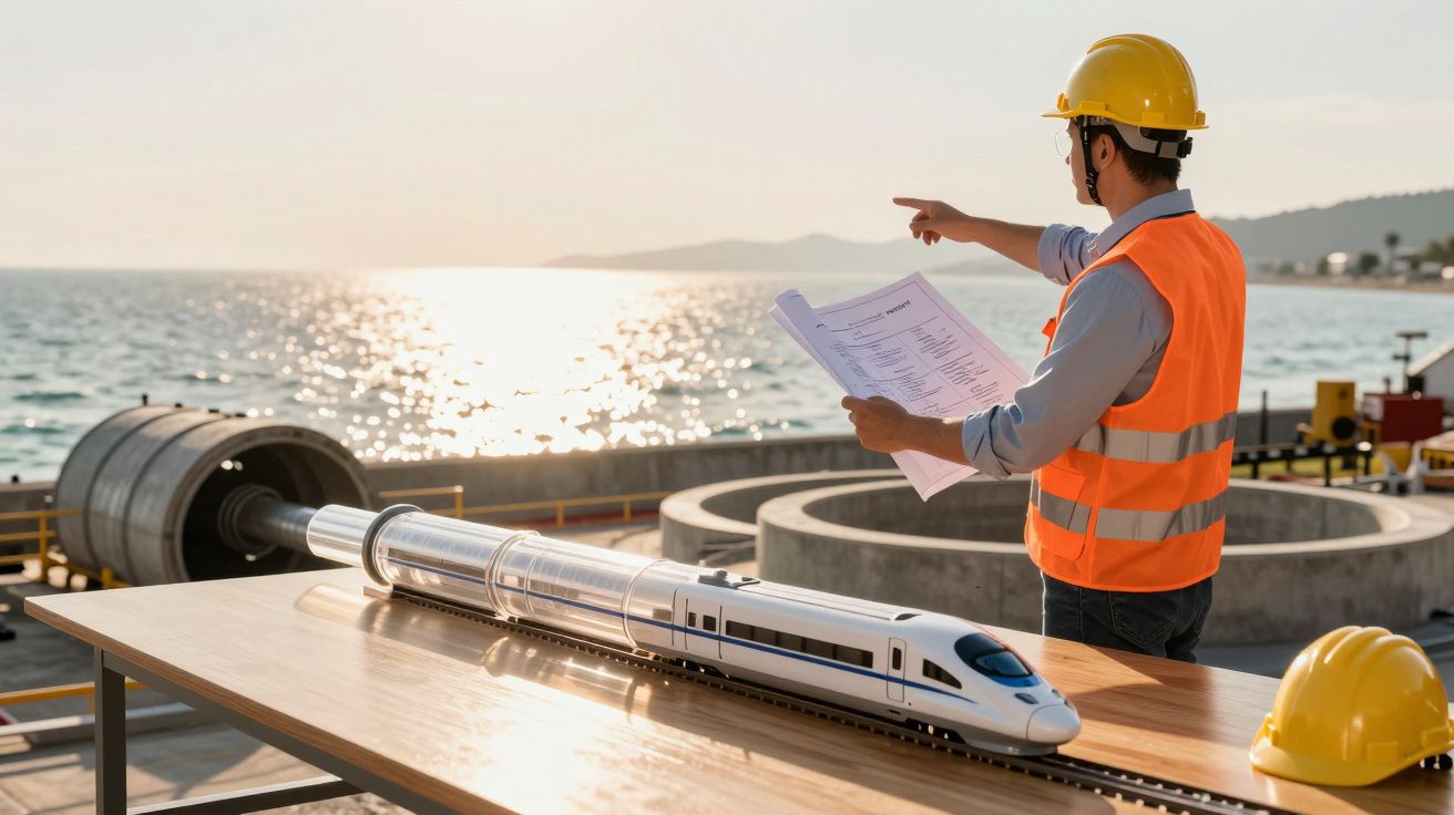 Engenheiro em obra à beira-mar, segurando plantas, com maquete de comboio em alta velocidade sobre a mesa.