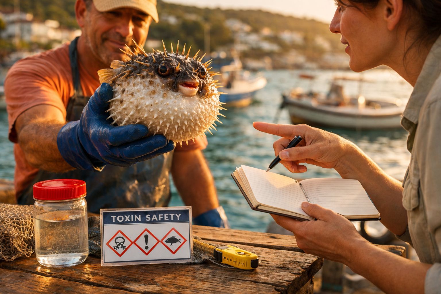 Cientista examina peixe estranho numa mesa junto ao mar, rodeado por barcos e casas ao fundo.