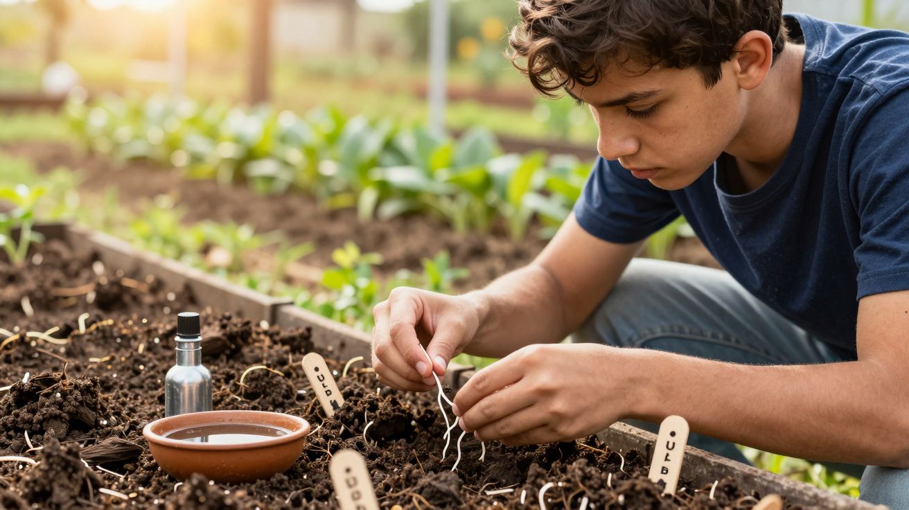 Jovem plantando sementes em horta, com marcadores de plantas, ao pôr do sol.