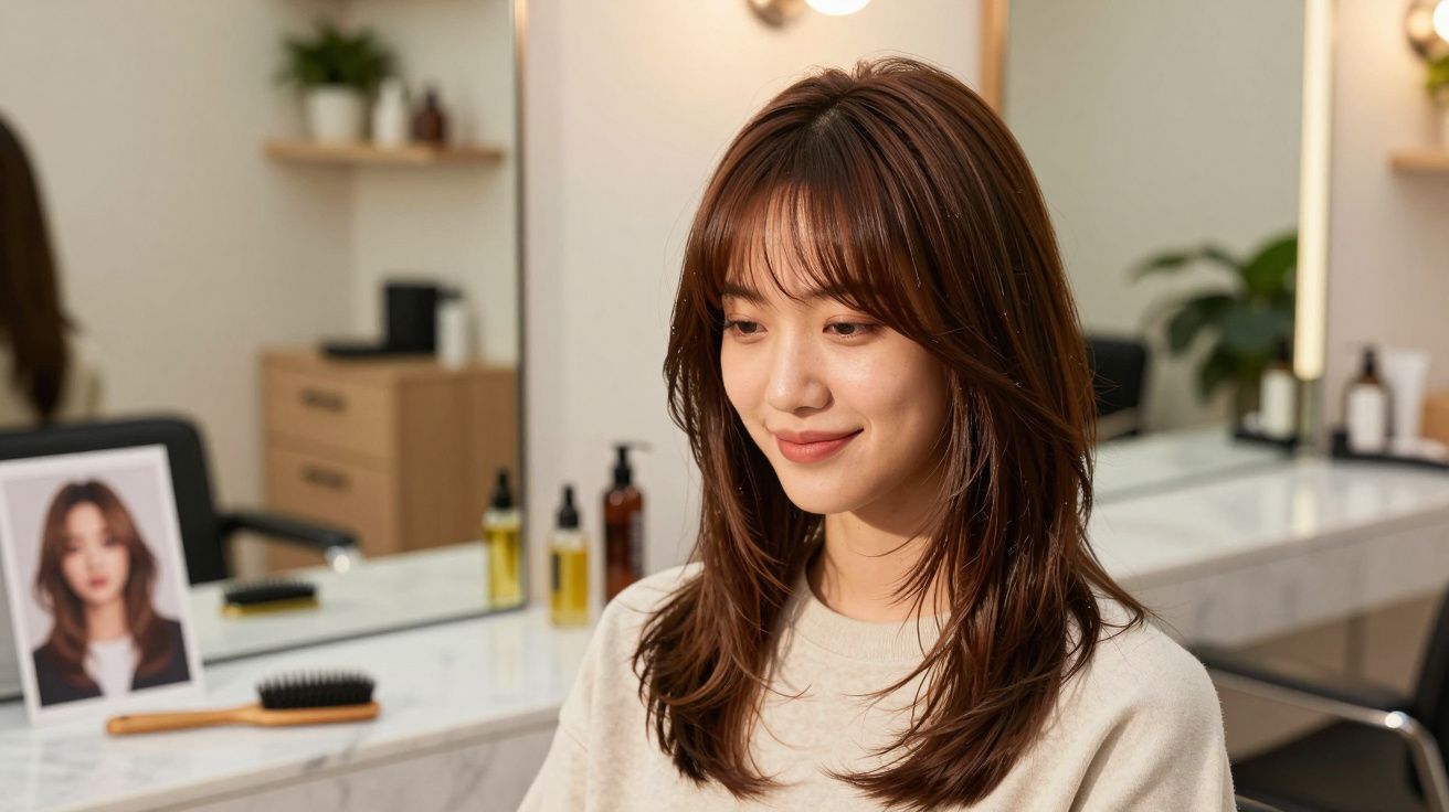 Mulher sorridente num salão de cabeleireiro, sentada em frente ao espelho com produtos capilares e uma escova.