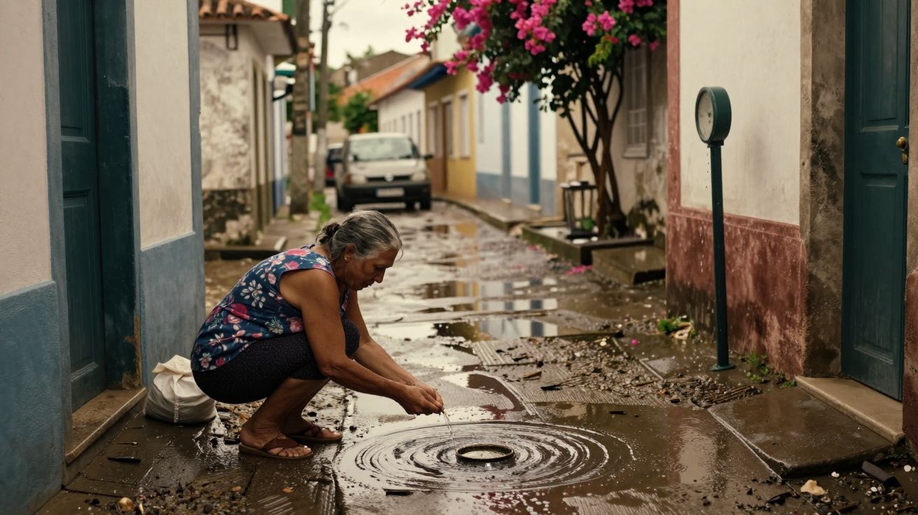 Mulher idosa agachada em rua molhada, com árvores floridas ao fundo, após chuva.