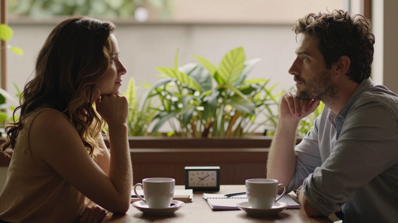 Homem e mulher sentados frente a frente numa mesa de café, com chávenas e plantas ao fundo, olhando-se nos olhos.