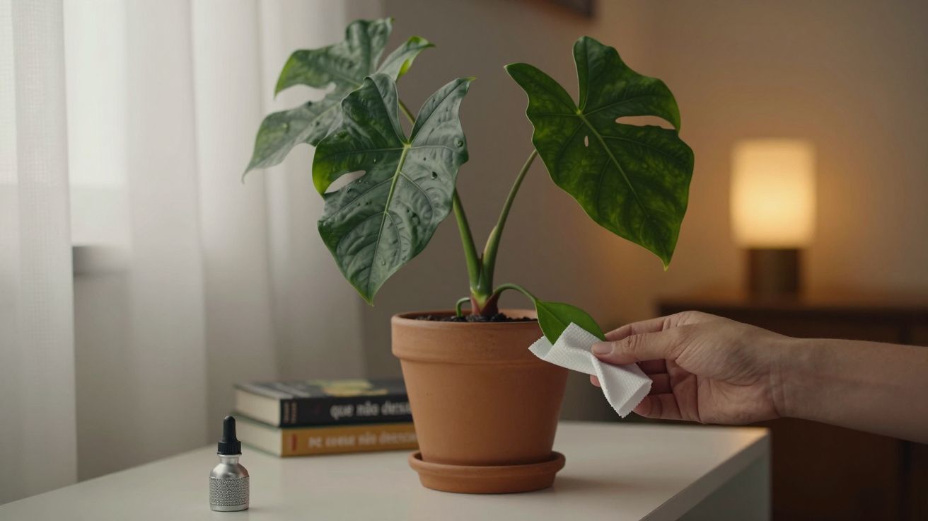 Planta em vaso de barro a ser limpa, com livros e uma garrafa pequena sobre a mesa ao fundo.