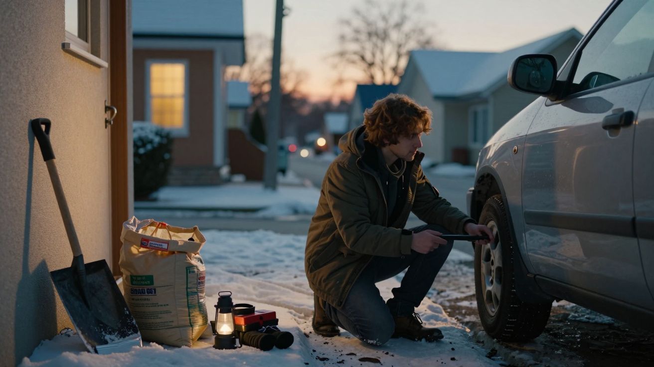 Jovem de casaco conserta pneu de carro na neve, ao lado de pá, sal e lanterna, ao anoitecer numa rua residencial.