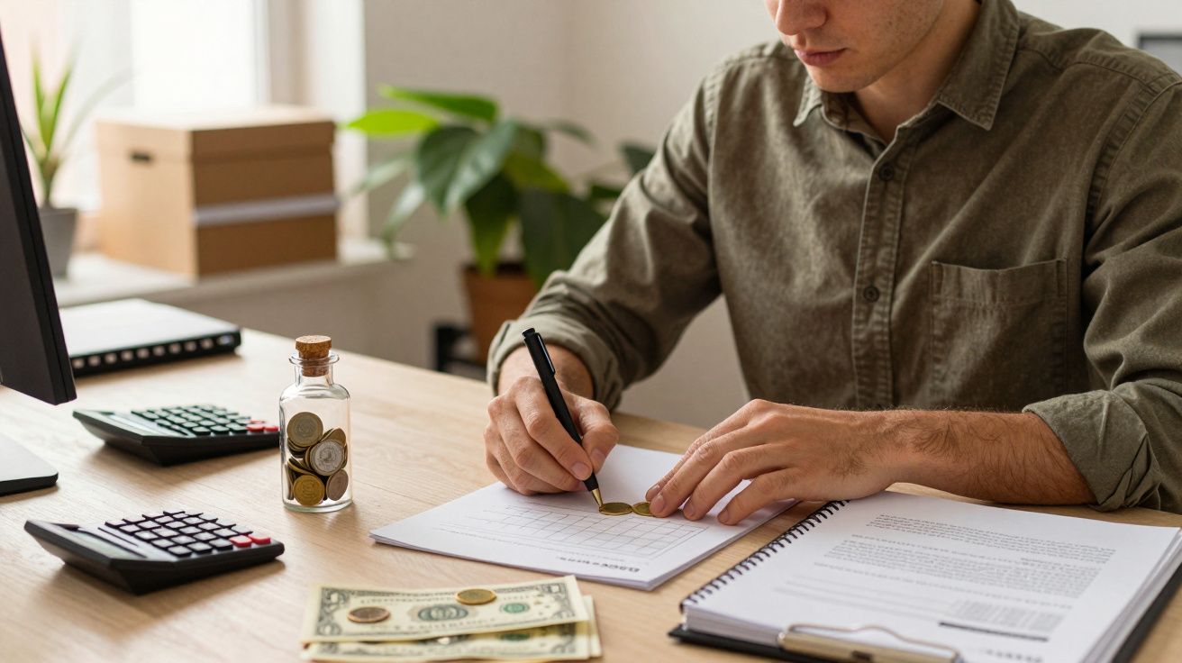 Homem escrevendo em documentos com notas e moedas sobre a mesa. Calculadoras e planta em fundo.