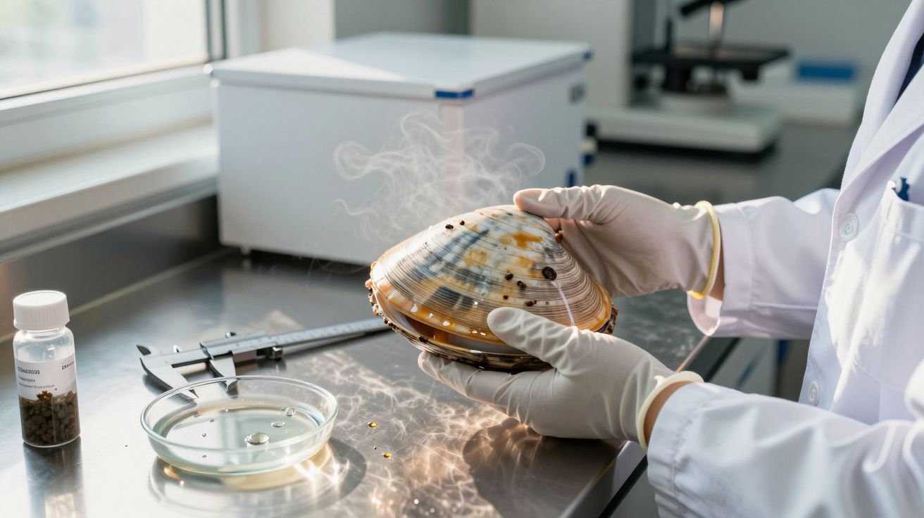 Cientista segura um dispositivo iluminado na bancada de laboratório, rodeado por ferramentas e frasco.
