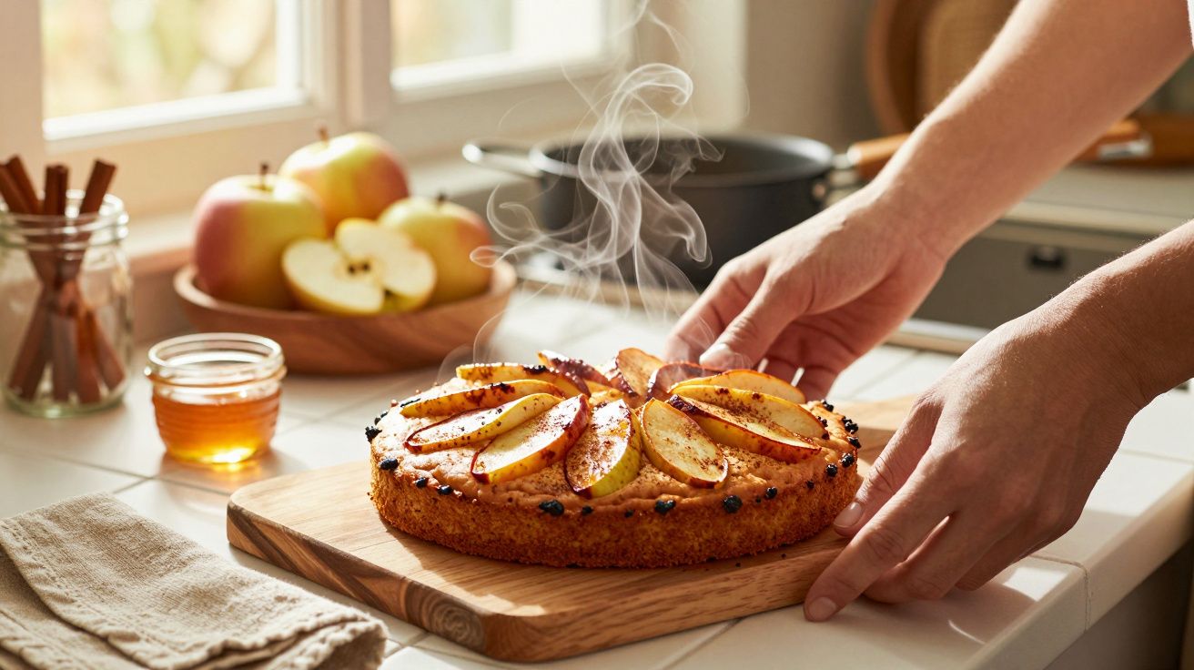 Bolo quente de maçã em tábua de madeira. Mãos posicionando o bolo. Maçãs e mel ao fundo, sob luz natural.
