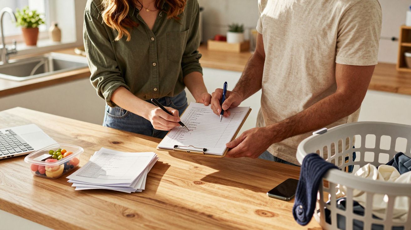 Duas pessoas fazem lista de compras na cozinha, com cesto de roupa e comida sobre a mesa de madeira.