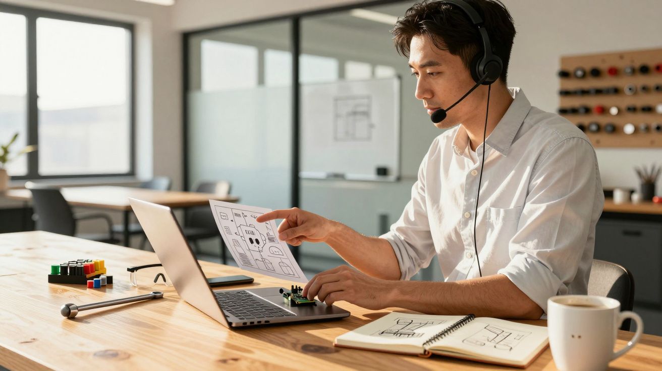 Homem com auscultadores em escritório, a apontar para plano arquitetónico no portátil, com caderno e chávena na secretária.