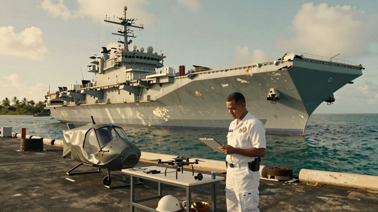 Oficial naval de pé junto a helicóptero coberto e mesa com drones, com navio de guerra ao fundo em porto ensolarado.