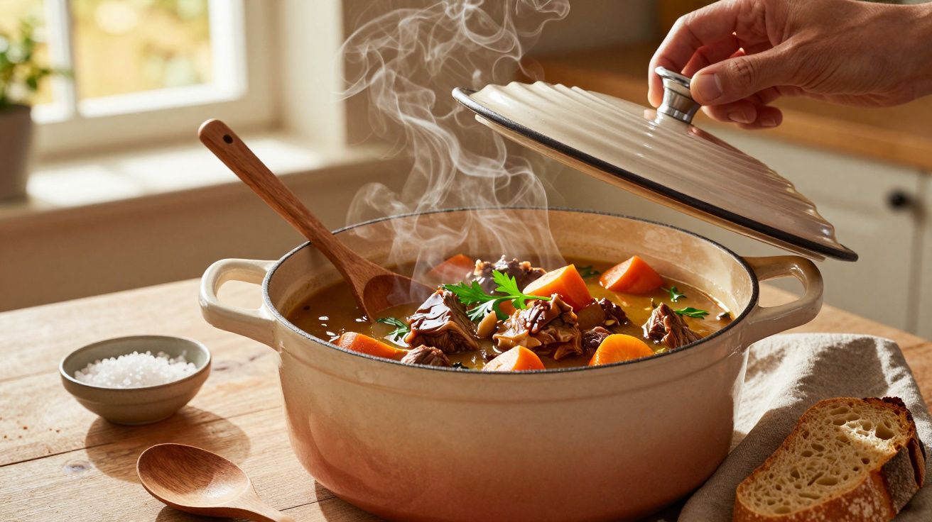 Caçarola com guisado de carne e legumes, tampa sendo levantada. Pão e colher ao lado, vapor visível.