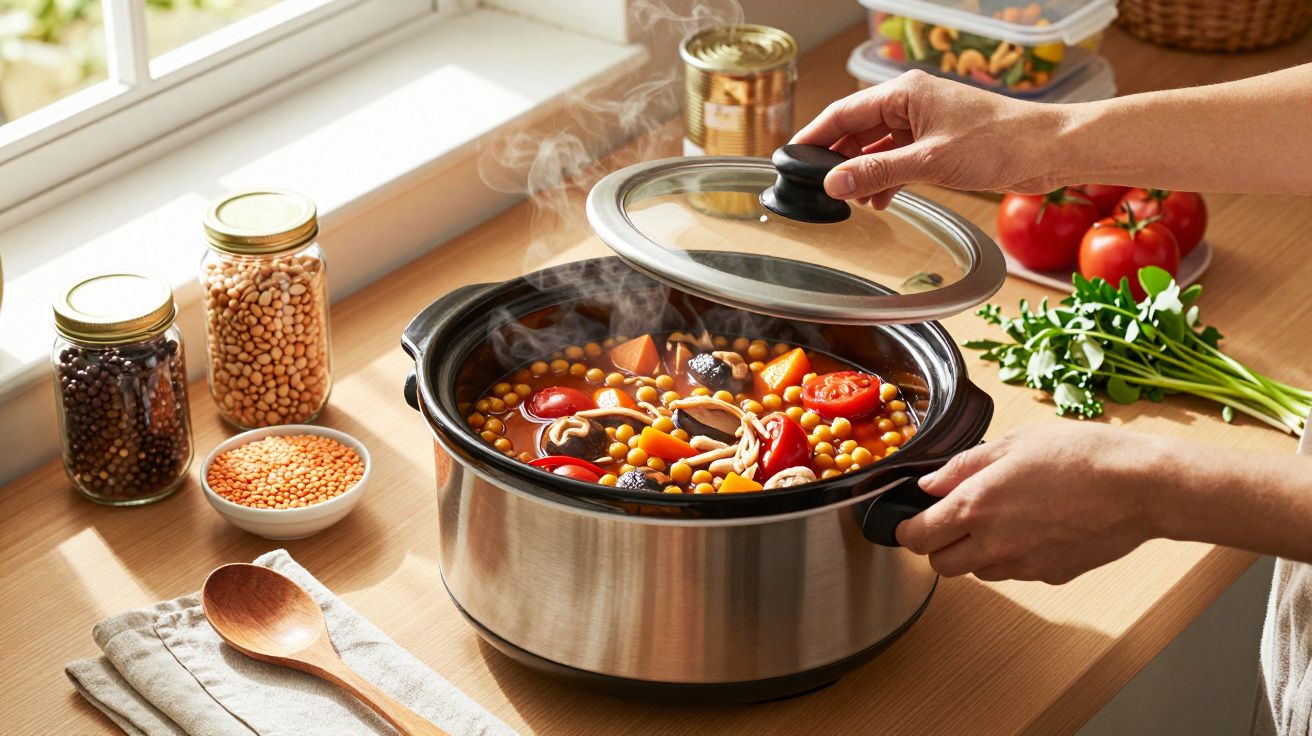 Mãos destapam panela com guisado de legumes e feijões numa bancada, ao lado de frascos de grãos e hortaliças frescas.
