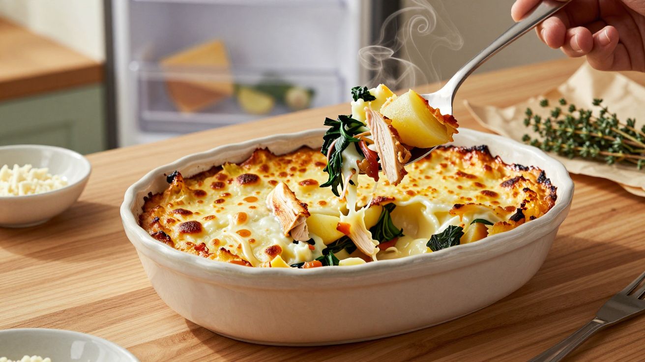 Mão serve uma colher de lasanha dourada num prato de cerâmica sobre a mesa de madeira.