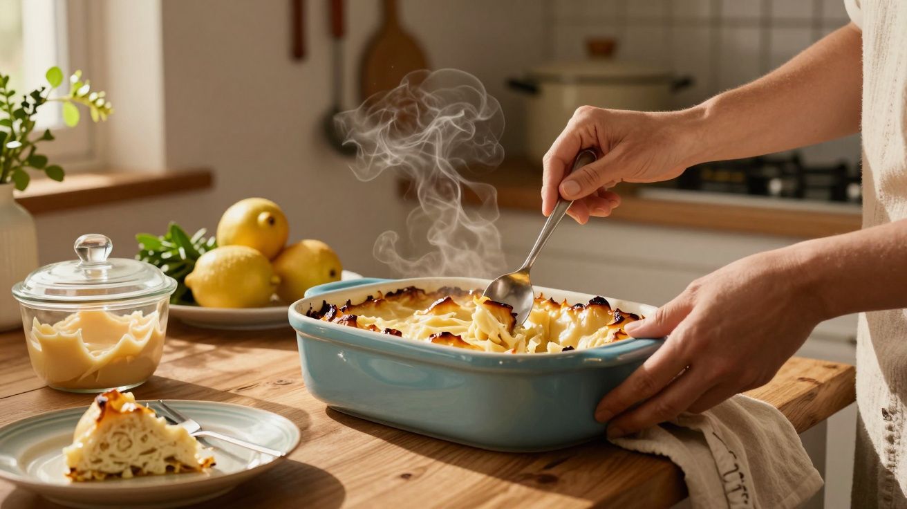 Pessoa serve massa gratinada de um tabuleiro azul numa cozinha, com vapor visível.