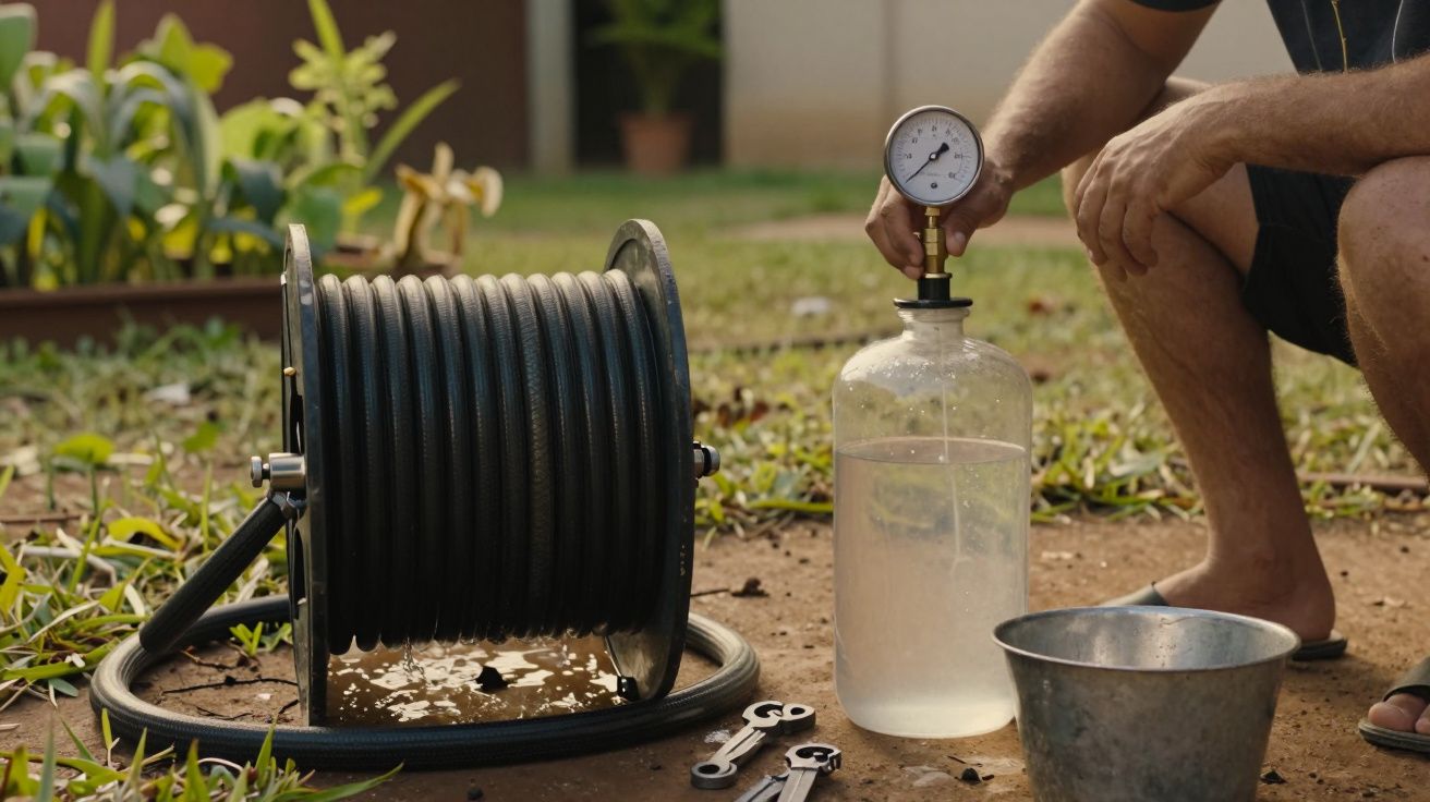 Mangueira enrolada no suporte, homem ajusta um manómetro numa garrafa transparente no jardim, ferramentas ao lado.