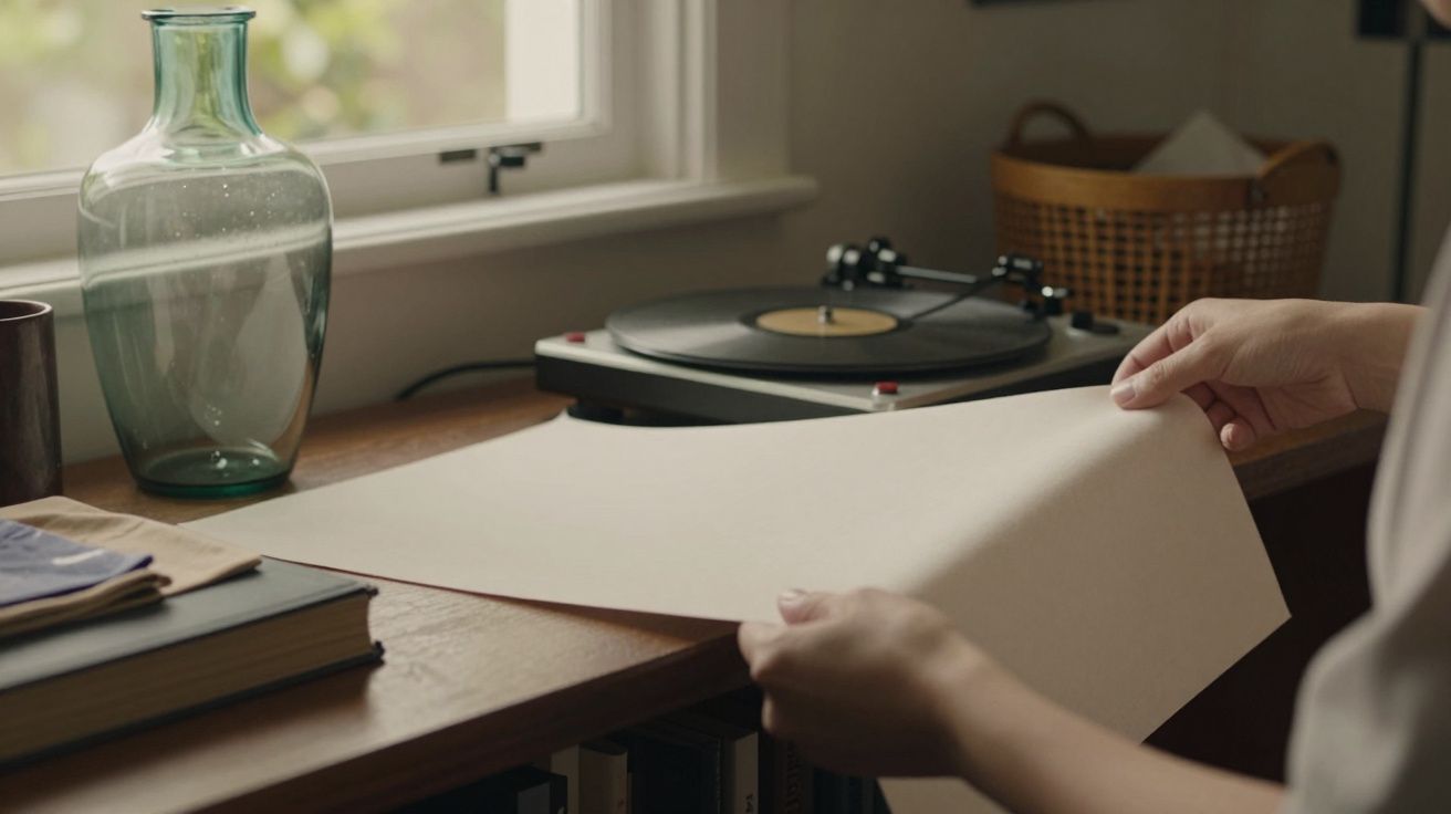 Mãos segurando um disco de vinil ao lado de um gira-discos em cima de uma mesa, com um jarro de vidro ao fundo.