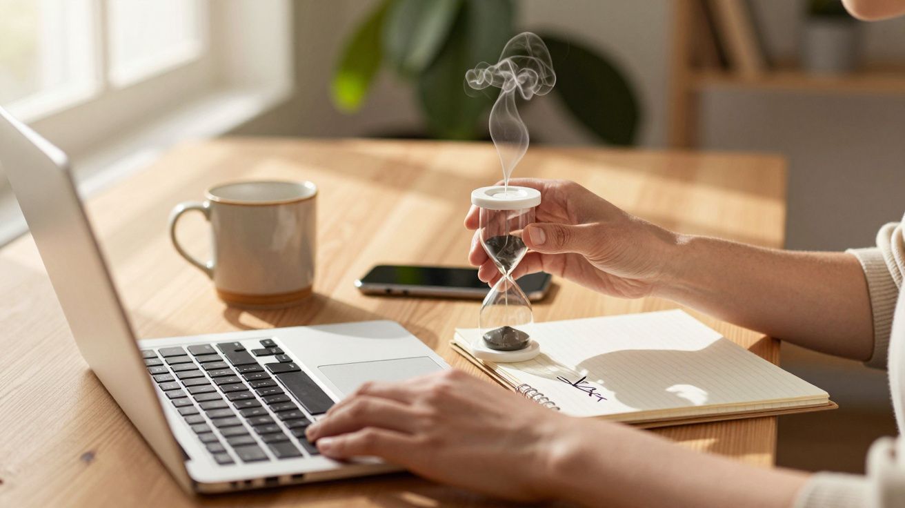 Pessoa trabalhando num portátil com chávena e ampulheta na mão, num ambiente luminoso e organizado.