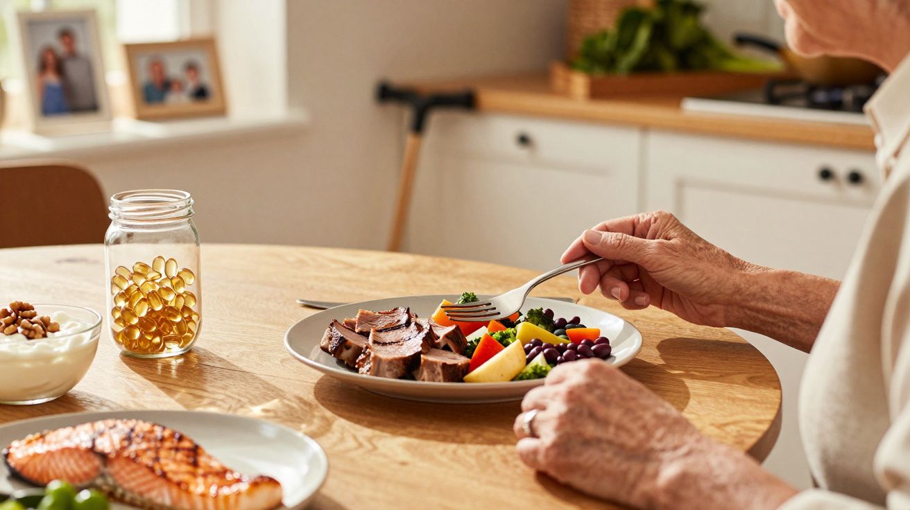 Pessoa idosa a comer um prato com carne e legumes num ambiente de cozinha, ao lado de suplementos e salmão grelhado.
